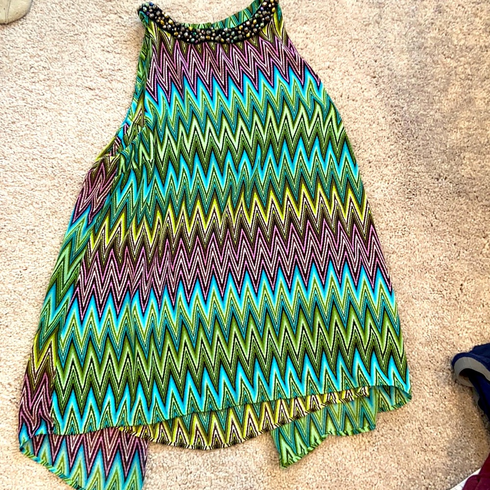 Harper top, multicolor with beaded neck. Back is open at the top